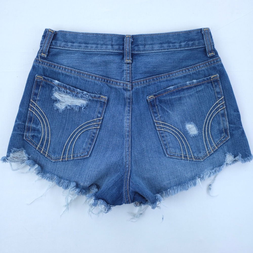 Hollister Women Denim Shorts Size 0 W24 Blue High Rise Distressed Frayed Hem - Picture 9 of 14